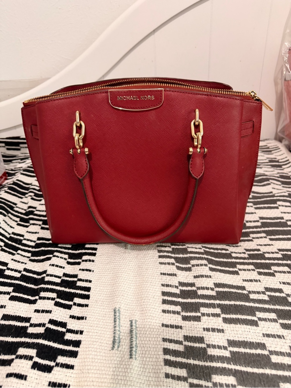 Michael Kors Red Leather Satchel with Gold Hardware